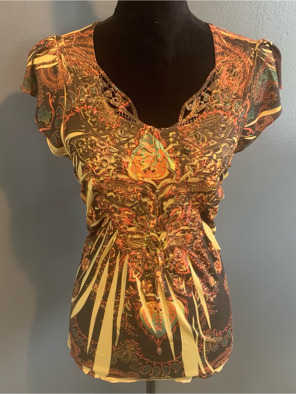 ONE WORLD Multicolor Paisley V-Neck Cap Sleeve Top